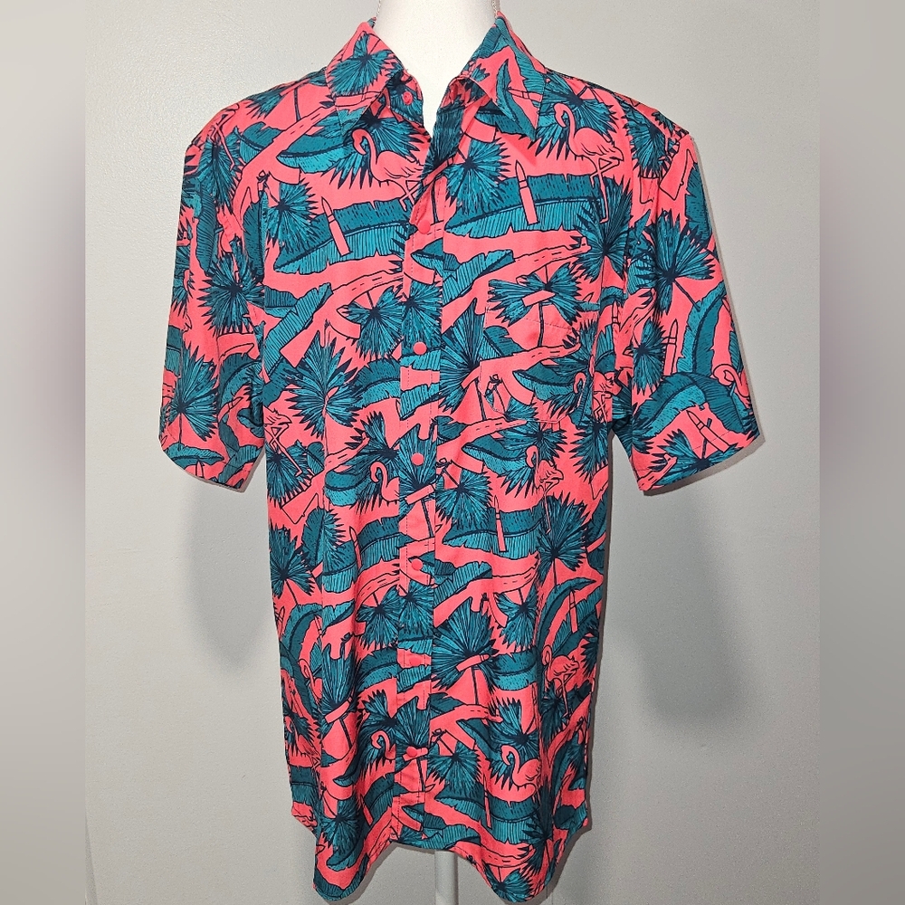 Savage Tacticians Men's Vibrant Flamingo Tactical Print Button Up Shirt Size Med